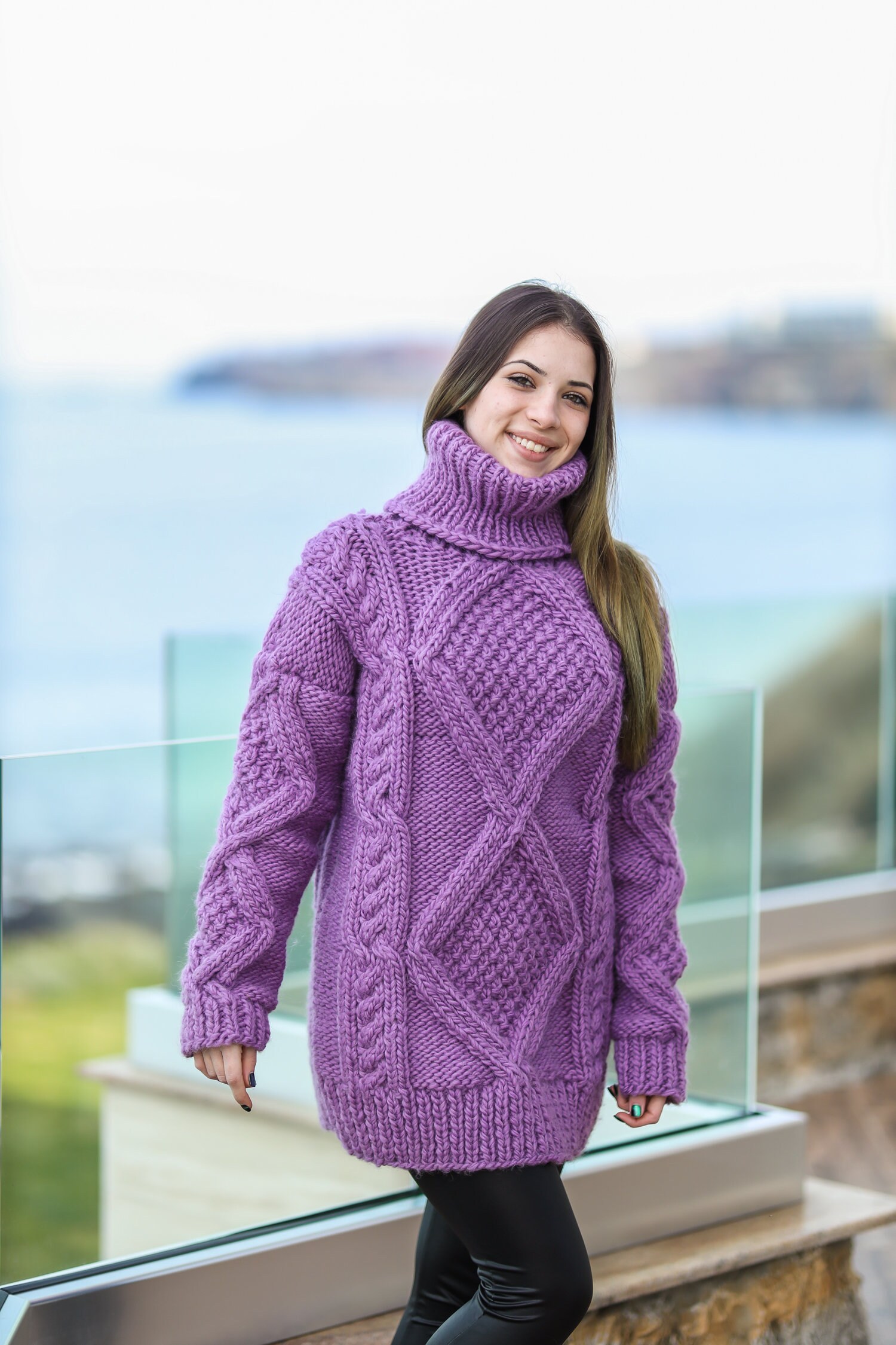 Bluoltre Maglione donna girocollo a treccia Maglioni donna Viola 