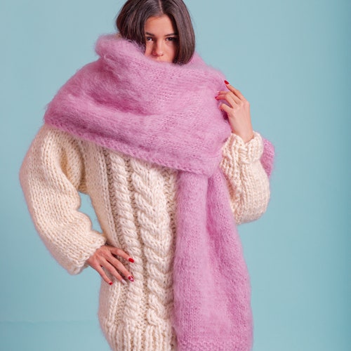 Pink Mohair Scarf, Fluffy Scarf, Oversized Muffler, Long Women