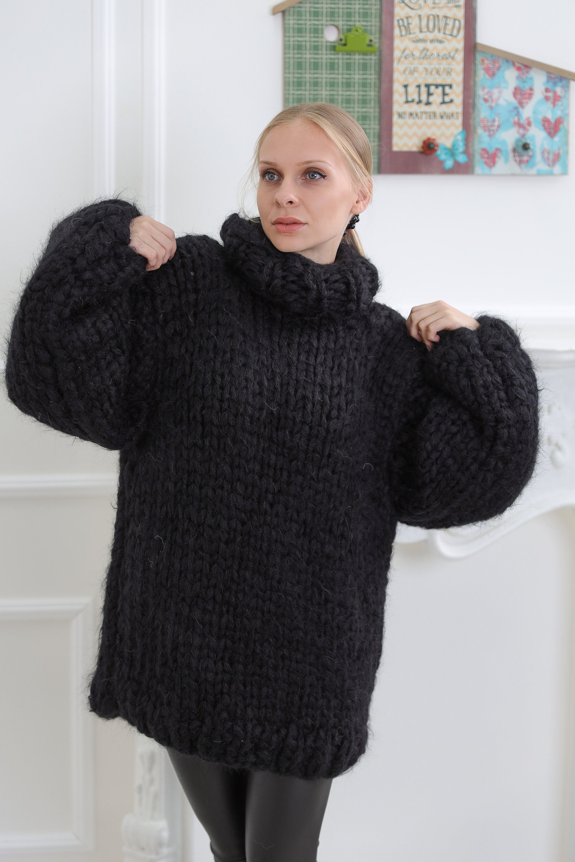 10 Strands Black Mohair Sweater ,chunky Mohair Turtleneck