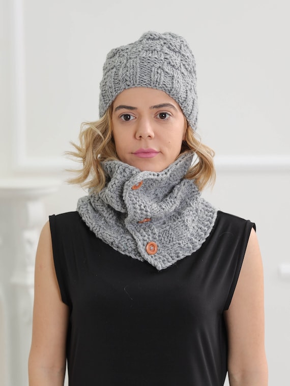 Ready to Ship Knit Scarf and Hat , Gray Wool Hat and Scarf Set