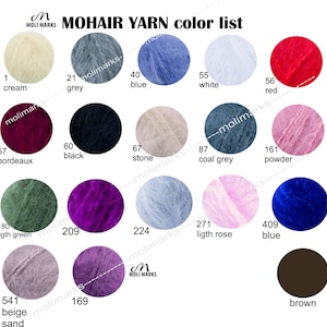 May include: Colour chart for mohair yarn with 14 different colours. The colours are: cream, grey, blue, white, red, bordeaux, black, stone, coal grey, powder, light green, purple, light rose, blue, beige sand, and brown.
