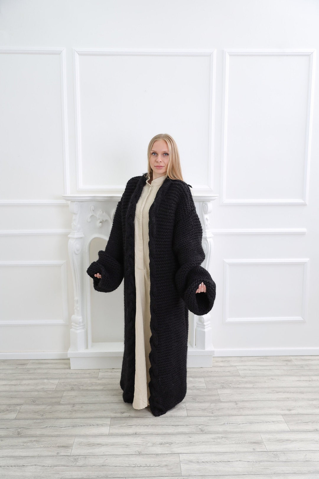 【送料&関税込】Maison KitsunAC Black Wool Cardigan Black Wool Cardigan, Wool Maxi Cardigan, Long Knit Coat