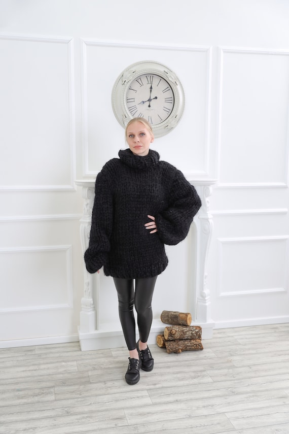 Black chunky knit turtleneck sweater online