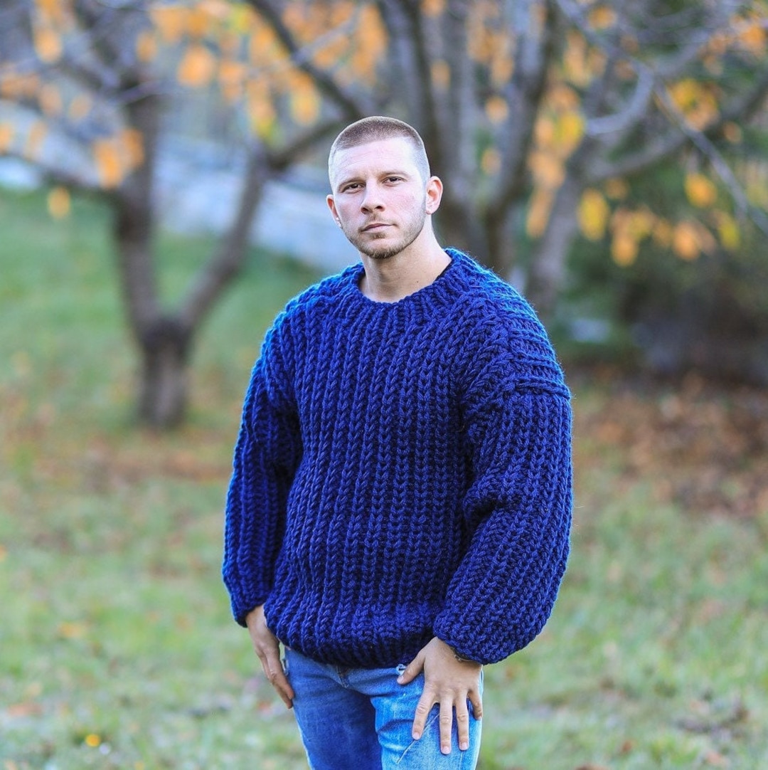 Blue Men Wool Sweater Fuzzy Wool Jumper Cozy Wool Sweater -  Israel