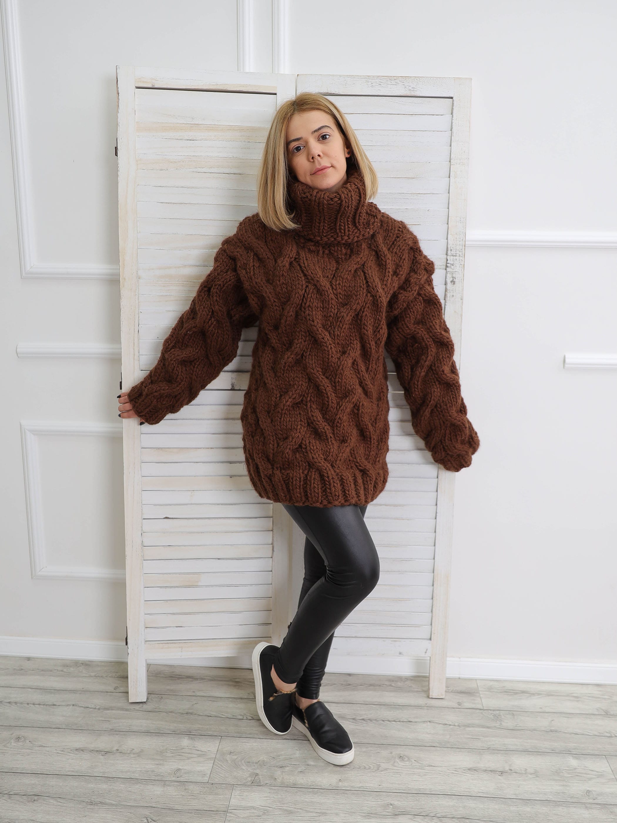 Turtleneck wool sweater Brown chunky jumper Knit pullover | Etsy