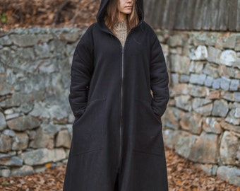 Ready to ship maxi black hooded gothic coat for women with pockets, available in plus size