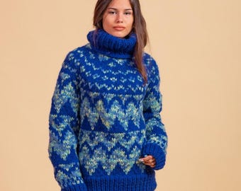 XL Ready to Ship Handmade Blue Pure Melange Wool Sweater handknitted by Molimarks