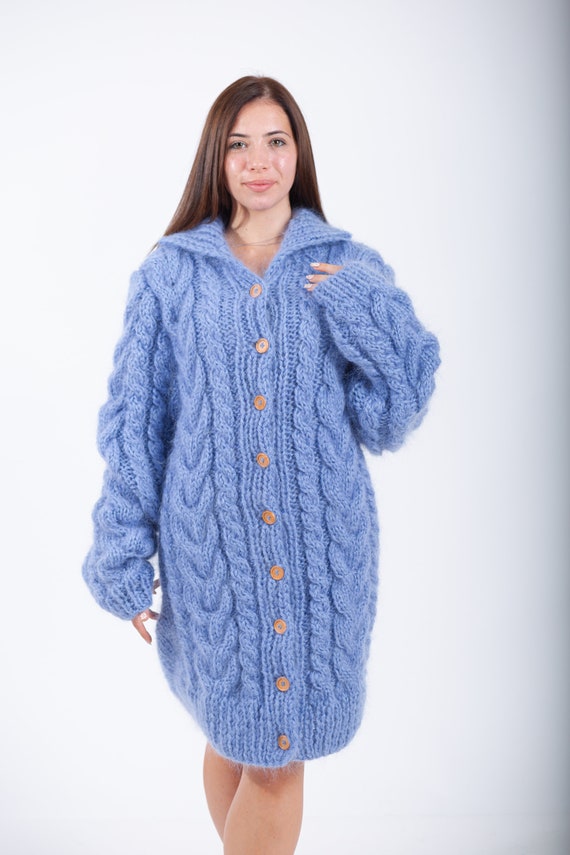 Blue Mohair Sweater Cardigan, Front Buttons Knit Bomber, Hand