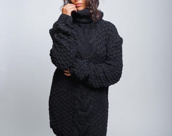 Ready to Ship XL Black Stylish Oversized Wool Sweater Dress, Chunky Knit Turtleneck Dress, Cable Knit Winter Dress, Cozy Women’s Knitwear