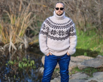 Nordic Pattern Sweater, Men Pullover, Chunky Turtleneck, Oversized Jumper, Boyfriend Gift, Cozy Pullover, Handknit Sweater, Mohair Fetish