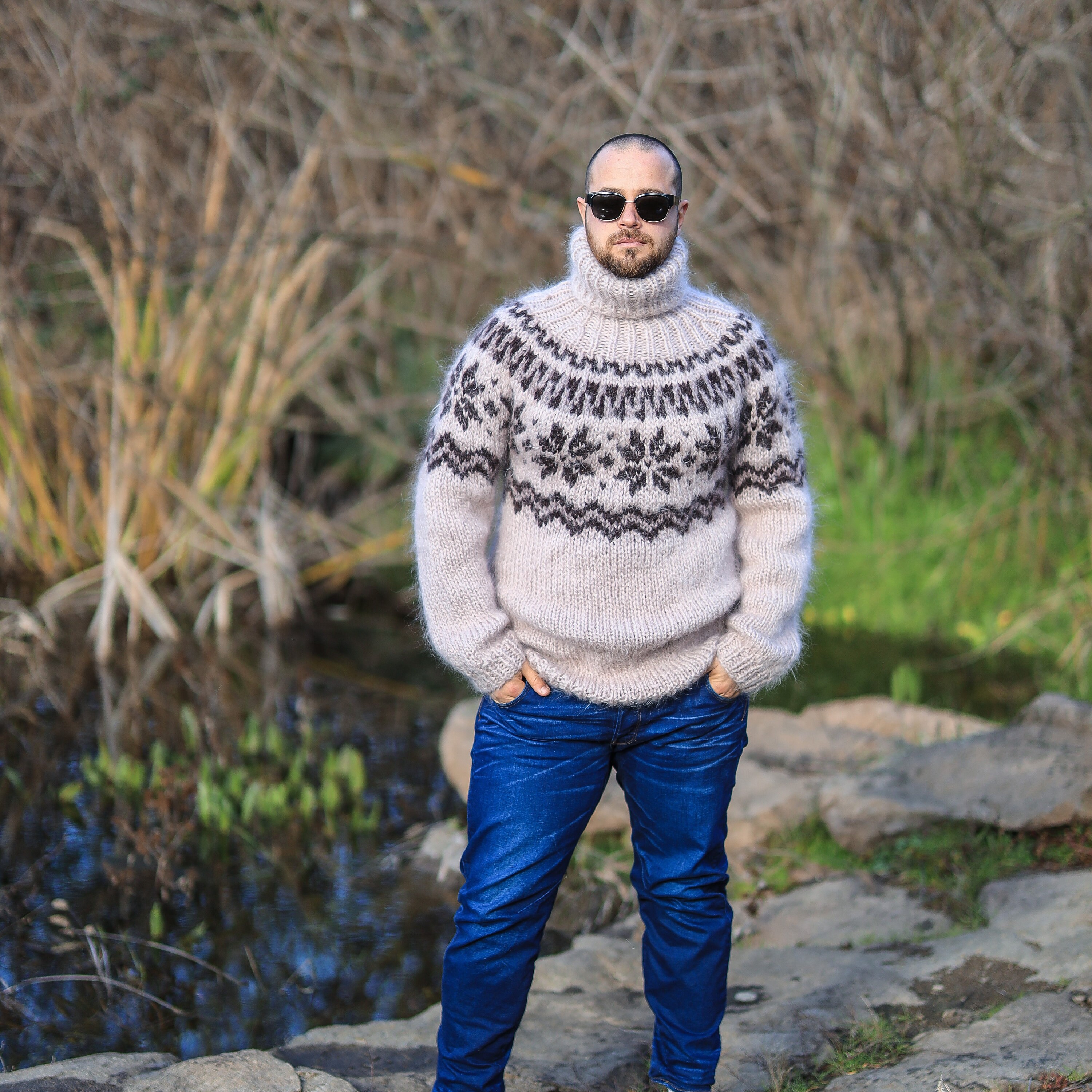 Nordic Pattern Sweater, Men Pullover, Chunky Turtleneck