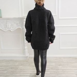 Black oversize wool sweater, Chunky turtleneck wool pullover, Nordic warm fluffy cardigan image 7