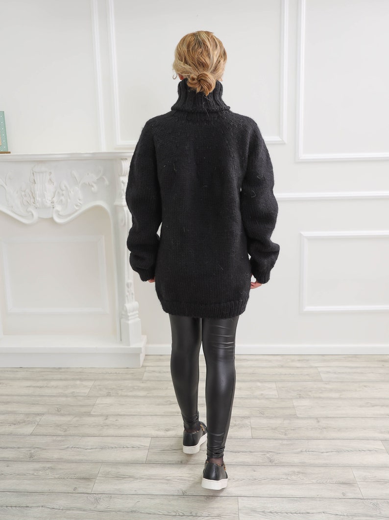 Black oversize wool sweater, Chunky turtleneck wool pullover, Nordic warm fluffy cardigan image 7