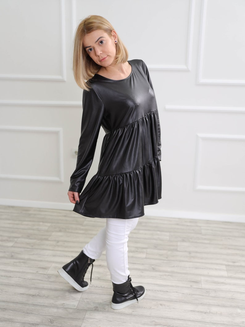 Black Latex Top, Leather Latex Tunic, Plus Size Top, Black Gothic Top, Loose Fit Tunic, Viscose Blouse, Long Sleeve Top, Pleated Tunic image 4