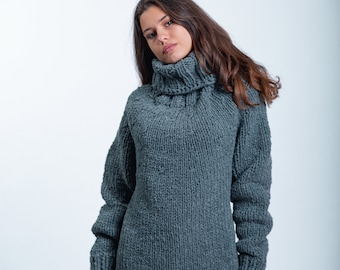 Weicher Handgefertigter Grauer Oversized Ärmelpullover, Grauer Rollkragenpullover, Oversized Strickpullover,Pulli, Winterstrick ,Molimarks