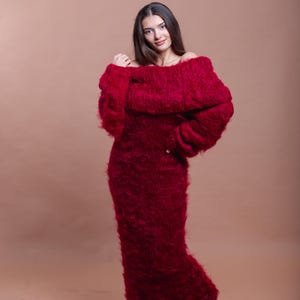 Huge Turtleneck Mohair Dress, Bordo  Sweater Dress For Women, Plus Size Chunky Dress, Floor Length Dress, Cozy Knit Dress, Loose Knitwear