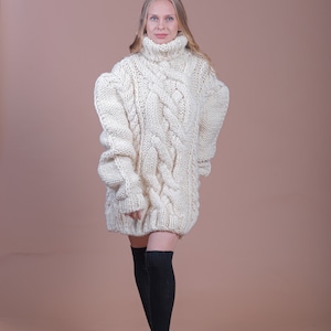 Cable Knit Sweater, Wool Turtleneck Sweater, Beige Oversize Pullover, Warm Winter Sweater, Women Loose Pullover, Wool Jumper, Comfy Sweater image 2