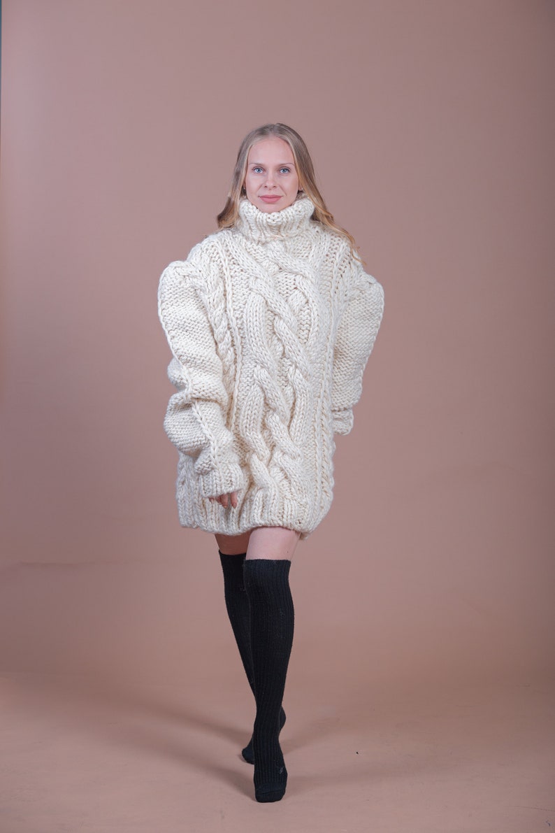 Cable Knit Sweater, Wool Turtleneck Sweater, Beige Oversize Pullover, Warm Winter Sweater, Women Loose Pullover, Wool Jumper, Comfy Sweater image 2