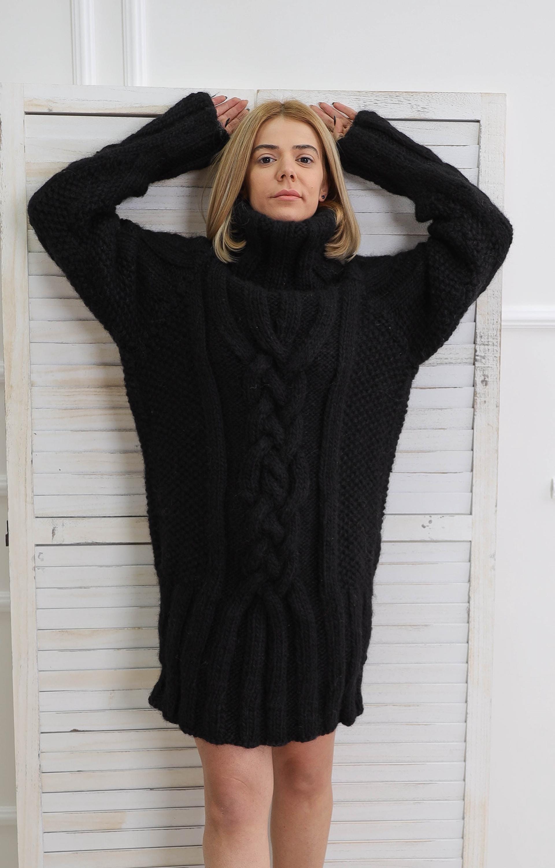 Black Chunky Turtleneck Sweater, Oversize Loose Wool