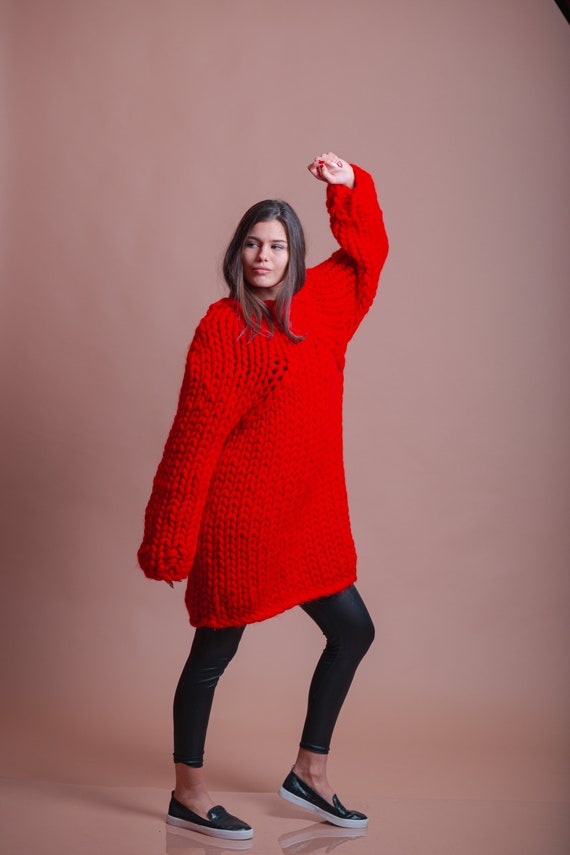 Chunky Red Sweater, Women Merino Wool Jumper, Giant Turtleneck 