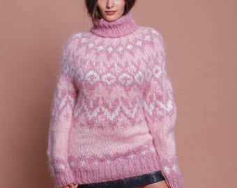 Beautiful Icelandic Pink Sweater, Fluffy Nordic Jumper, Oversized Mohair Turtleneck, Lopapeysa Women Jumper, Fair Isle Sweater by Molimarks