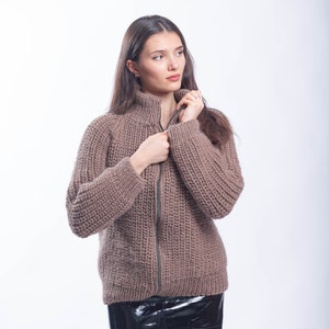 4XL Ready to ship Beige Zipper Wool Sweater Cardigan, Zipper Knit Bomber, Hand Knitted Pullover, Oversized Knitwear, Plus Size Sweater