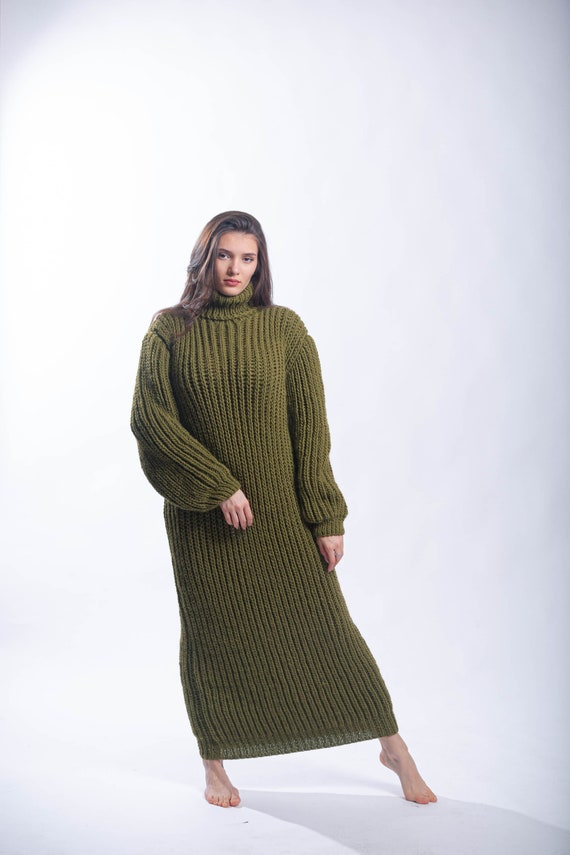 green emerald velvet dress Coziest Home Knit Dress In Olive main image 1