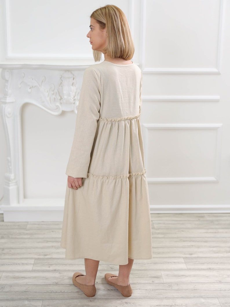 Ready to ship L size linen dress , Long sleeve linen dress, Beige linen dress with pockets image 4