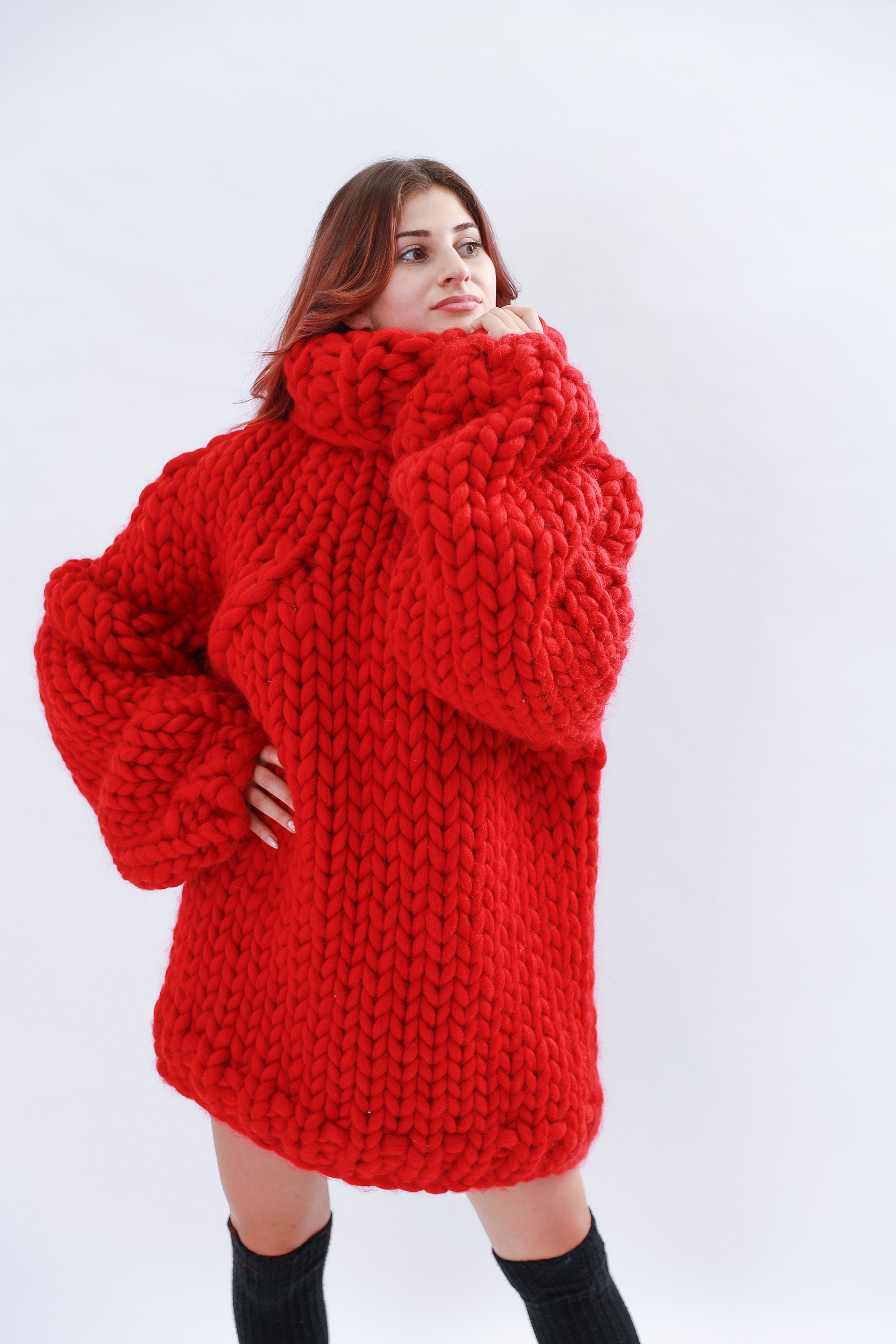 Merino Wool Sweater Giant Turtleneck Red Bulky Sweater - Etsy