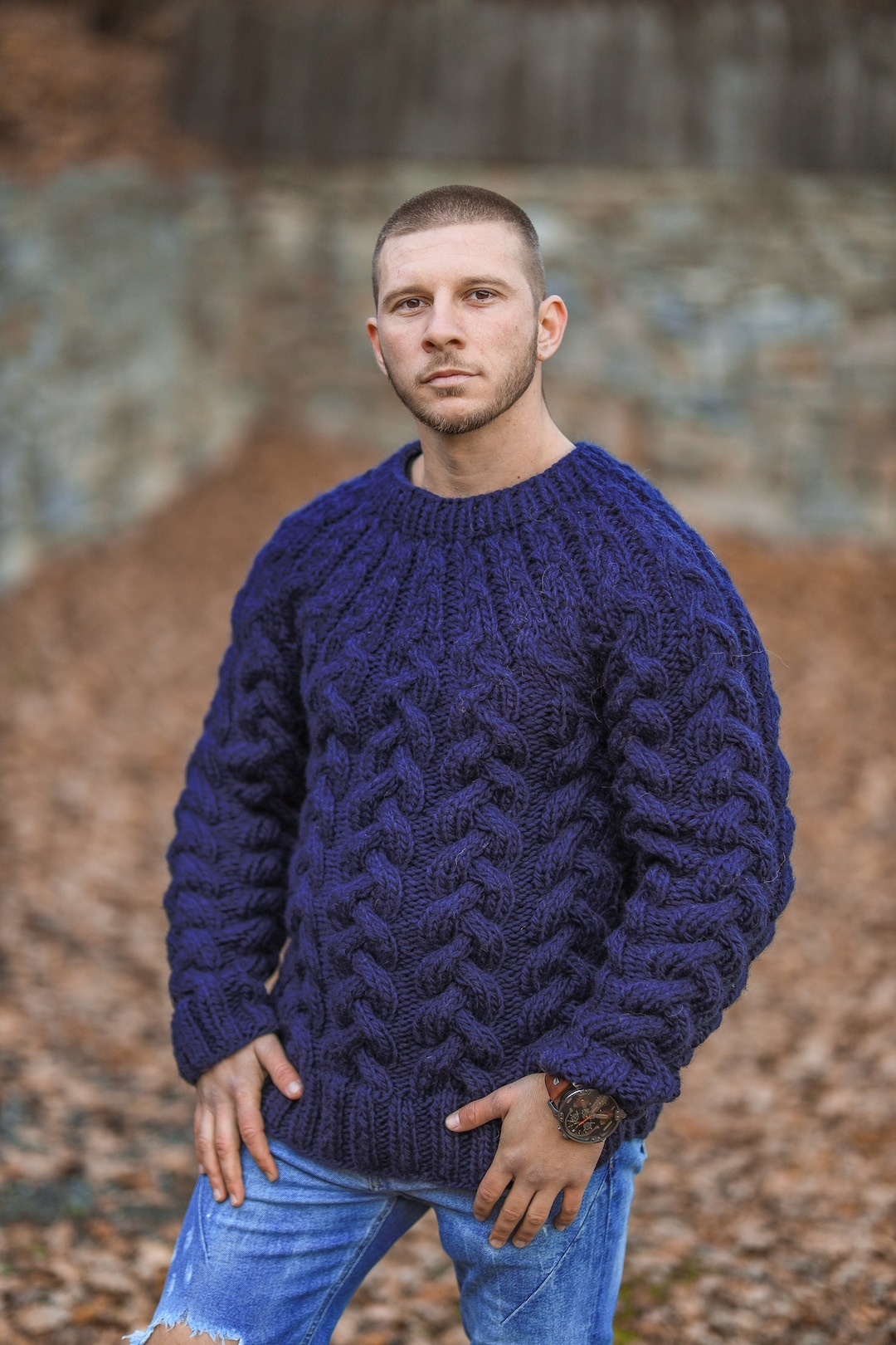 Blauwe kabels gebreide trui voor man, oversized man pullover