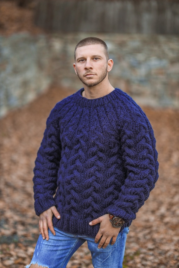 Knitted mens sweater winter warm cabled jumper handmade in dark