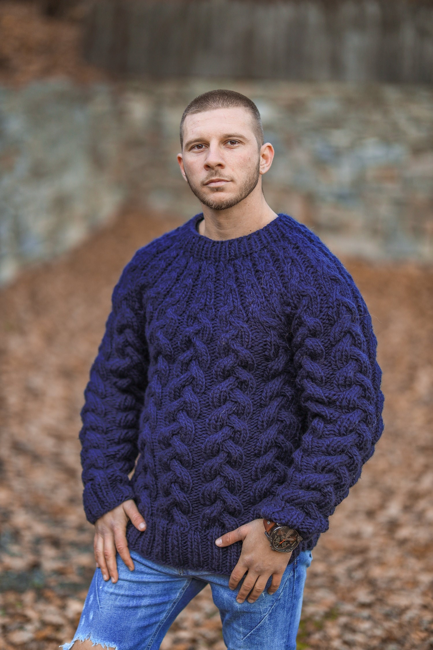 Sweaters for Men - Men Turtleneck Cable Knit Sweater (Color : Navy Blue,  Size : X-Large)