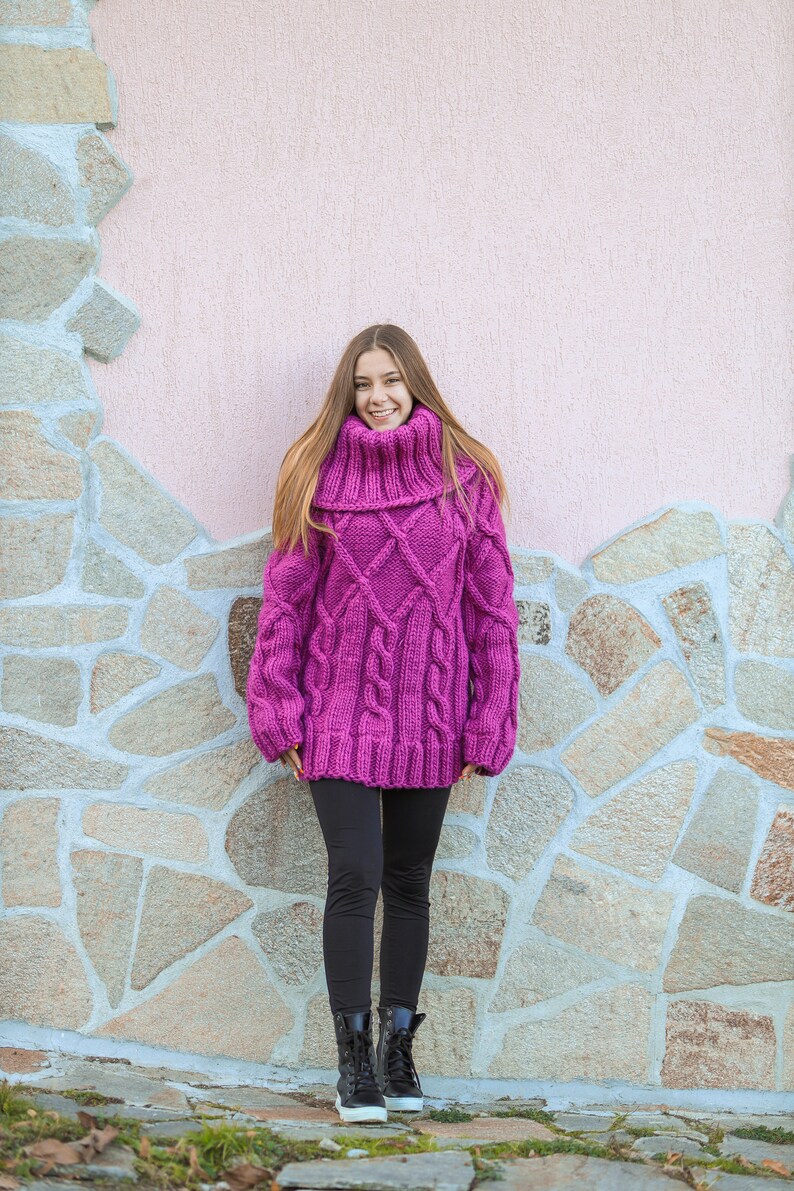 2XL Ready to ship purple chunky wool sweater with extra large turtleneck women cozy knitwear for winter season image 4