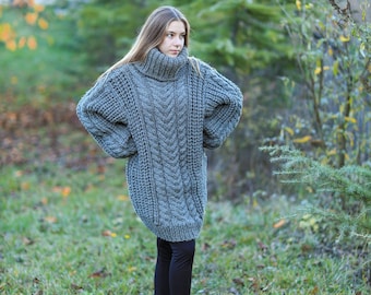 Long Wool Sweater, Oversized Wool Pullover, Cable Knit Sweater, Turtleneck Wool Jumper, Plus Size Sweater,Handknit Winter Ski Resort Sweater