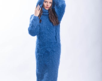 Faux Fur Trim Fluffy Hoodie Dress Hoodie Huge Turtleneck Fluffy Mohair Blue  Dress, Fluffy Sweater Dress