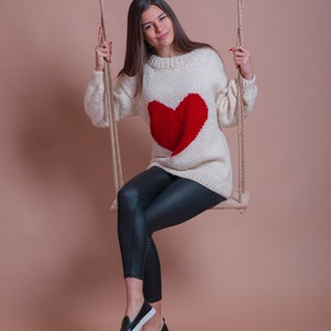 White Wool Sweater, Red Heart Pullover, Valentine Sweater, Women Heart Jumper, Girlfriend Gift, Cute Winter Pullover, Casual Clothing image 5