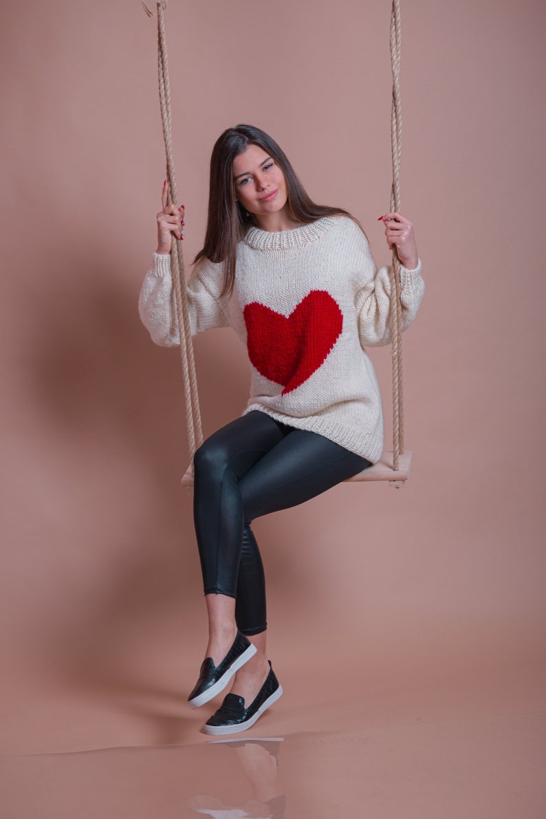 White Wool Sweater, Red Heart Pullover, Valentine Sweater, Women Heart Jumper, Girlfriend Gift, Cute Winter Pullover, Casual Clothing image 5