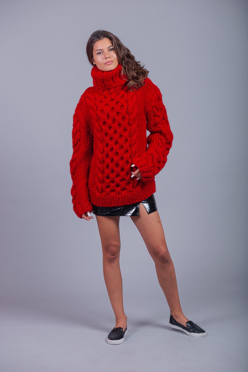 Bulky red oversized wool sweater with huge warm turtleneck, great for ski resort holiday image 4