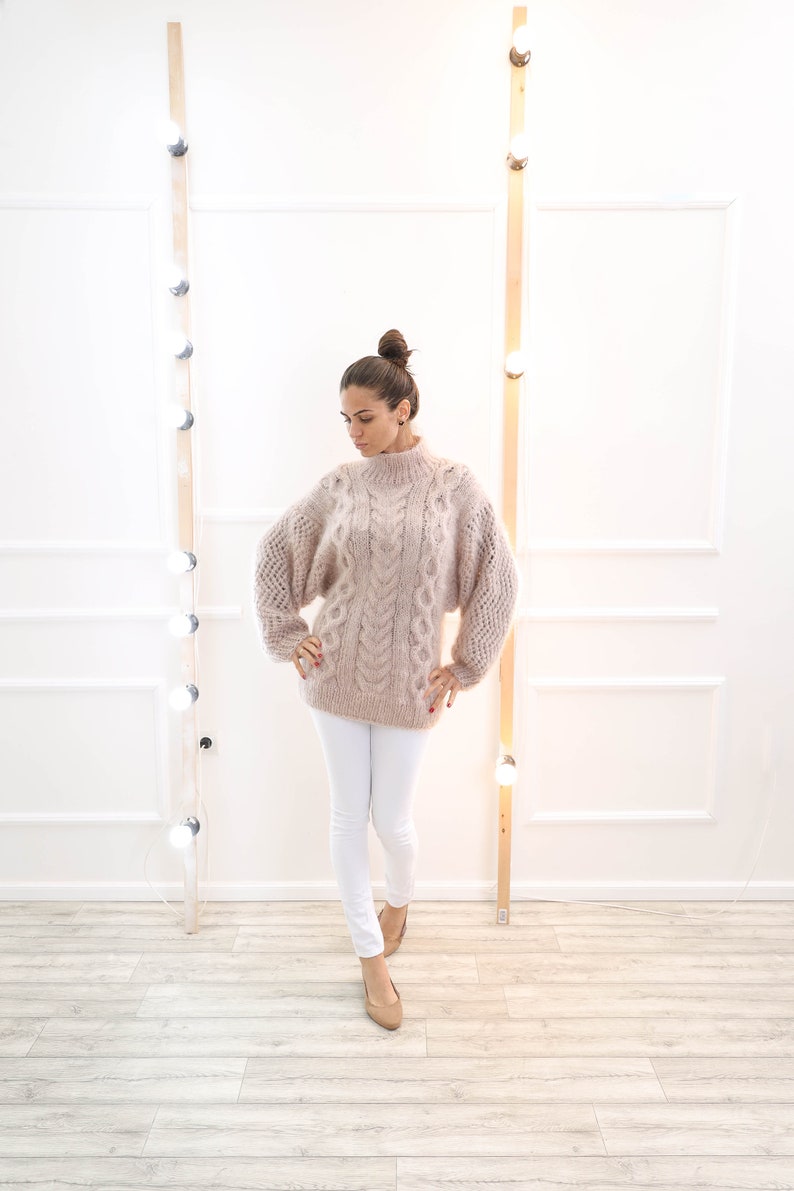 Kimono Mohair Sweater , Icelandic mohair turtleneck sweater, Cable knit fetish pullover, Crochet oversize top image 2