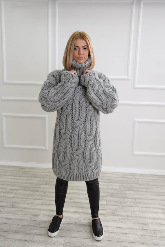 Wool Knit Sweater, Turtleneck Jumper, Chunky Aran Sweater, Gray Mohair  Pullover, Plus Size Clothing, Warm Jumper, Fisherman Sweater 