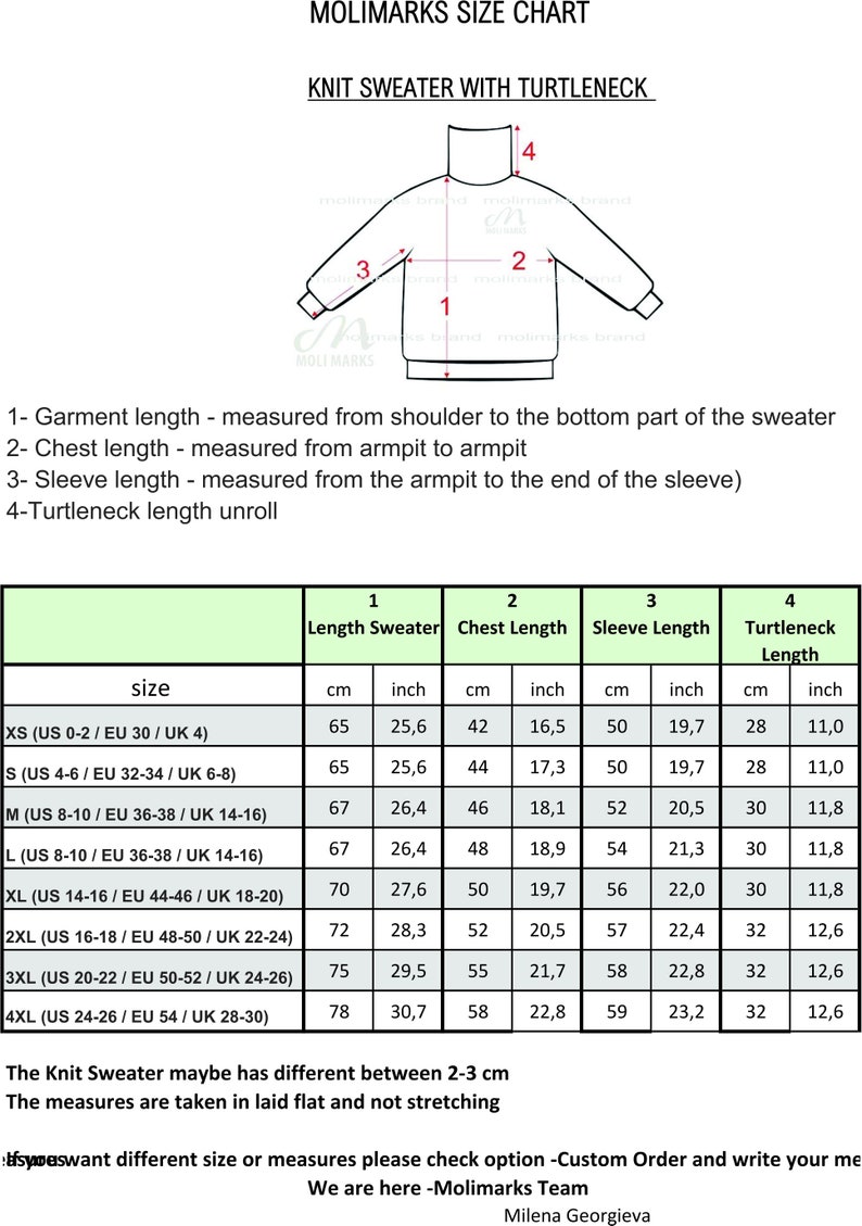 May include: Size chart for a knit sweater with a turtleneck. The chart shows measurements in inches and centimeters for different sizes, including length, chest, sleeve, and turtleneck length.