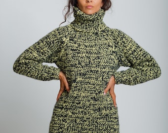 Green Black Chunky Wool Sweater, Oversized Turtleneck Pullover, Cozy Winter Sweater, Handmade Knit Jumper, Warm Fashion Gift by Molimarks