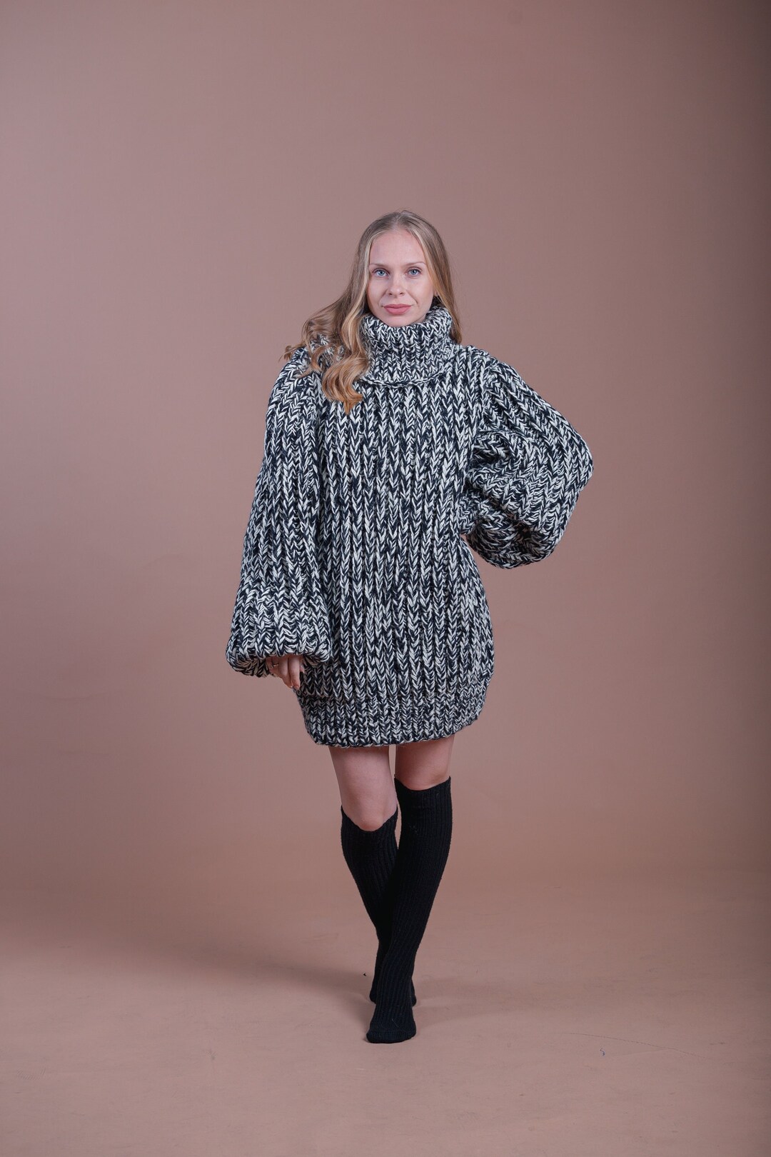 Black and White Knit Sweater, Melange Wool Knit Sweater ,wool Sweater ...