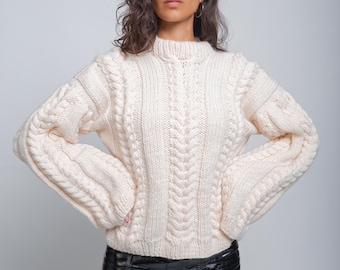 Ready to Ship M Snow White Cable Knit Wool Sweater, High Quality Wool Sweater, Chunky Knit Pullover, Cozy Winter Sweater,Women's Wool Jumper