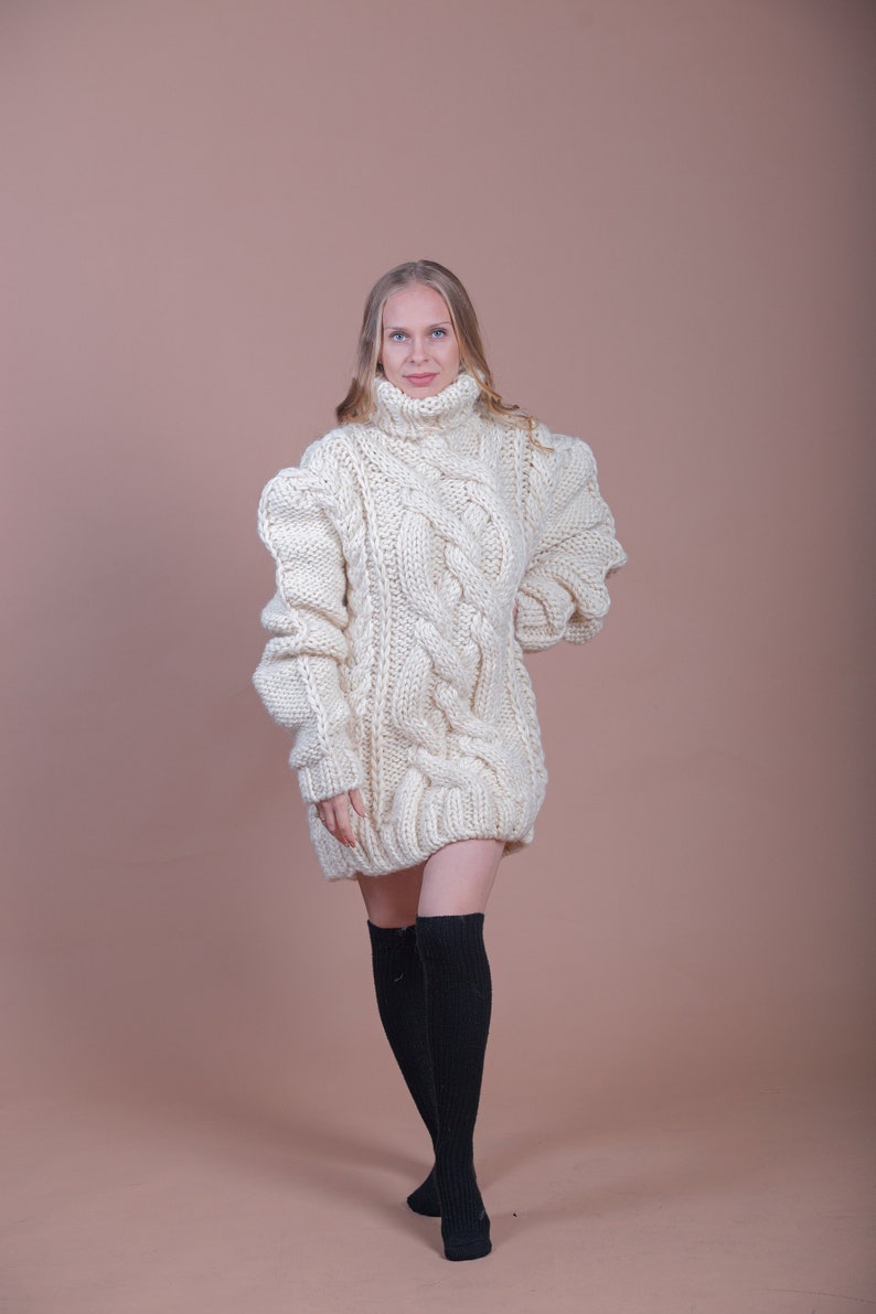 Cable Knit Sweater, Wool Turtleneck Sweater, Beige Oversize Pullover, Warm Winter Sweater, Women Loose Pullover, Wool Jumper, Comfy Sweater image 1