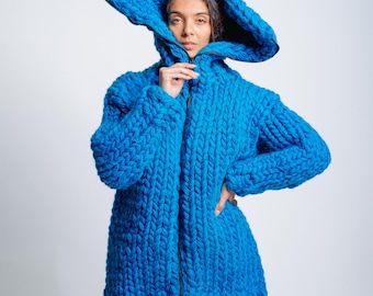 12 Strands Chunky Blue Wool Cardigan, Oversized Hooded Sweater, Handmade Thick Knit Coat, Unique Winter Outerwear, Statement Wool Jacket