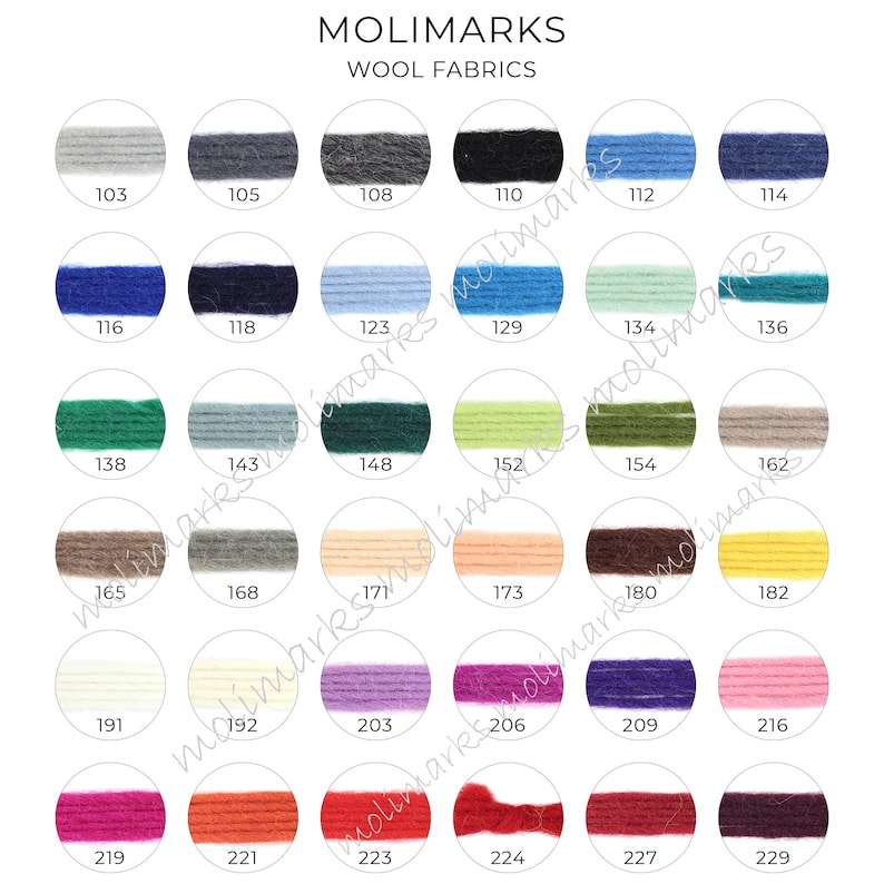 May include: A color chart of 24 different wool fabric colors, numbered 103 through 229. The colors range from light gray to dark brown.