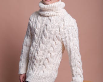 M Size Ready to Ship Handmade Cream Men Cable Knit Oversized Wool Sweater, Winter Wool Jumper, Giant Man Sweater, Huge Cozy Pullover