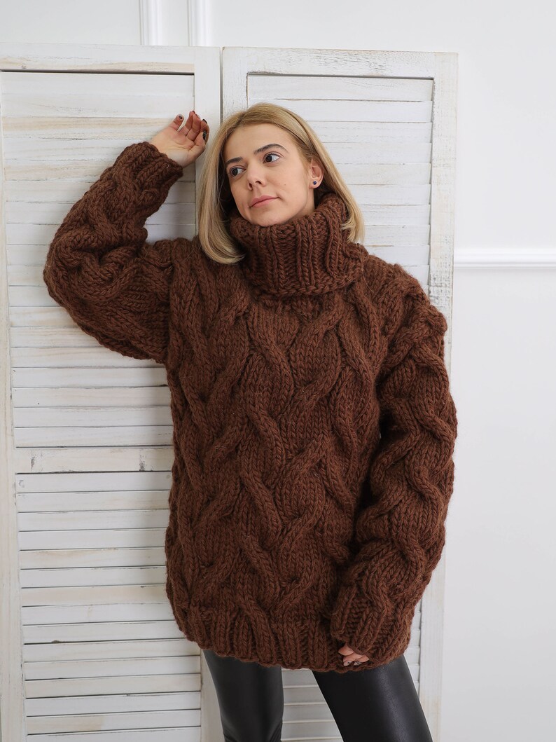 Turtleneck Wool Sweater Brown Chunky Jumper Knit Pullover - Etsy