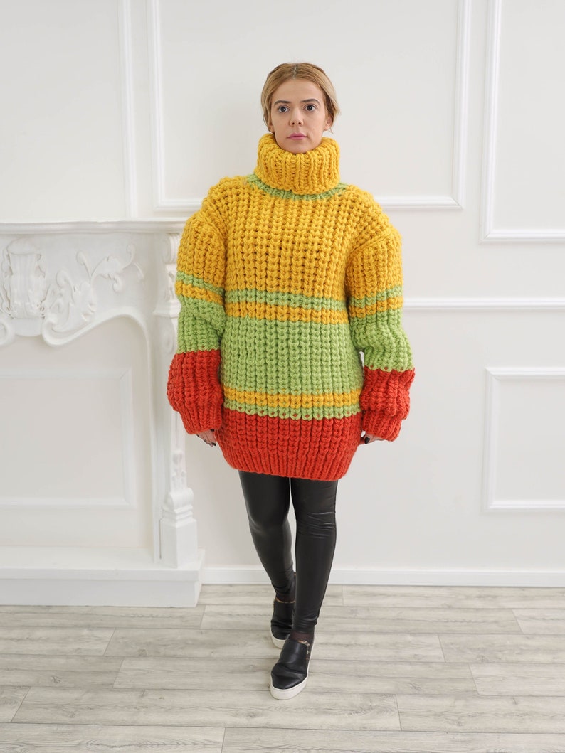 Chunky turtleneck wool sweater, Chunky fluffy warm cardigan, Winter crochet pullover image 1